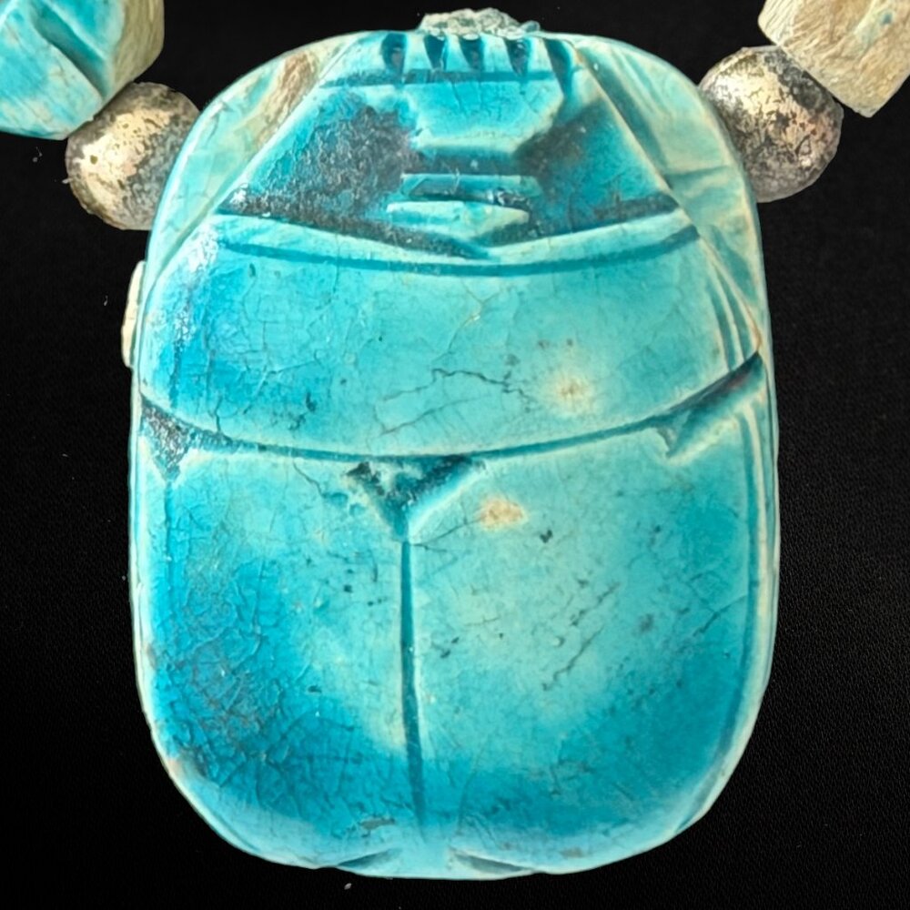 Vintage Egyptian Revival Turquoise Faience Scarab Statement Necklace Description - Picture 2 of 5